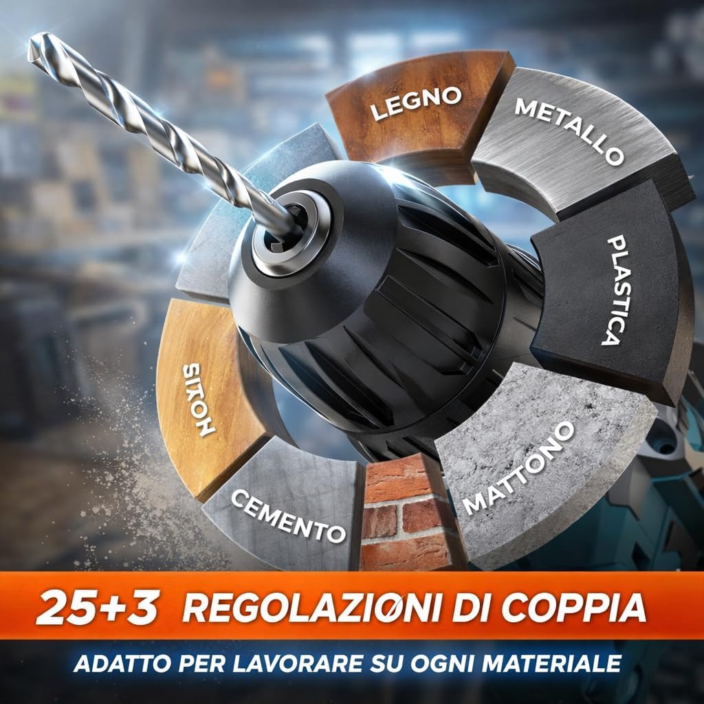 Trapano Avvitatore elettrico con 2 batterie ed accessori Mukins 48V