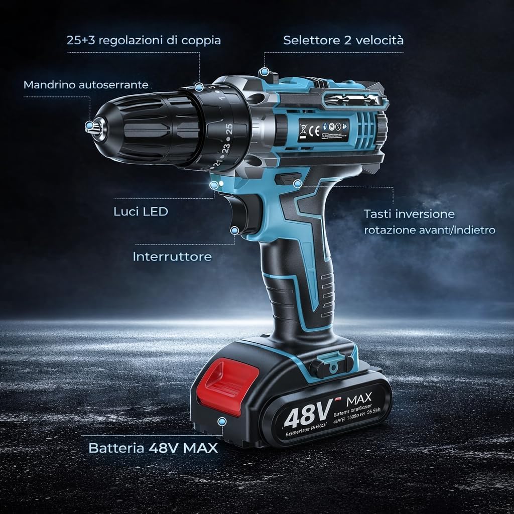 Trapano Avvitatore elettrico con 2 batterie ed accessori Mukins 48V