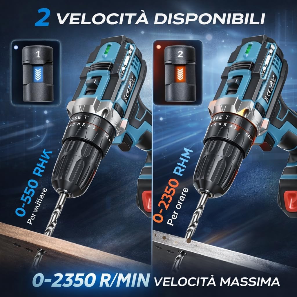 Trapano Avvitatore elettrico con 2 batterie ed accessori Mukins 48V
