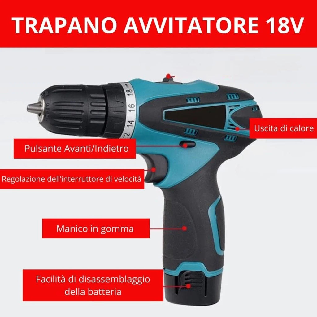 TRAPANO AVVITATORE PROFESSIONALE 2 BATTERIA 18V A LITIO + VALIGIA ACCESSORI 2026